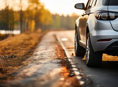 Closeup of a crossover SUV on a road in the autumn with fallen leaves. Car on asphalt roadway in the rays of the setting sun