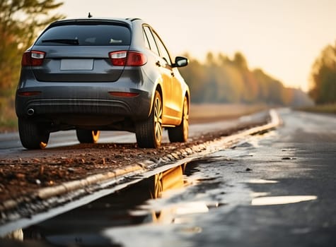 A car parked by a road, reflected in a puddle, with autumn trees in the background at sunrise or sunset