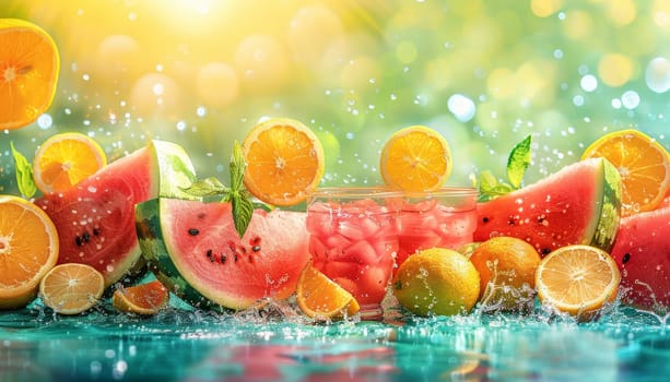 A colorful fruit display with watermelon, oranges, and limes by AI generated image.