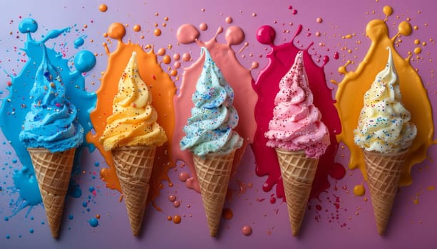 A row of colorful ice cream cones with sprinkles on top by AI generated image.