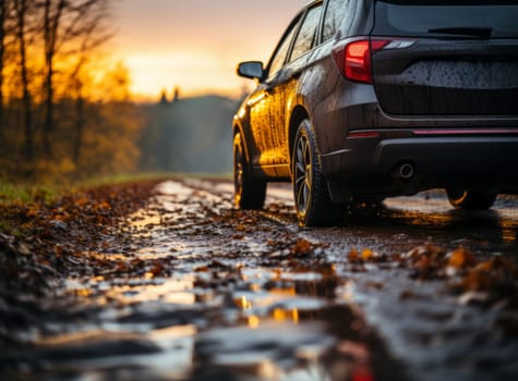 Close-up of a modern big suv on a wet road in the autumn with fallen leaves and puddles. Car on asphalt roadway in the rays of the setting sun