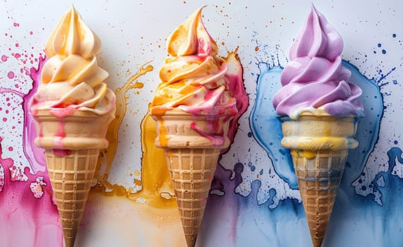 Three ice cream cones with different colors and flavors by AI generated image.