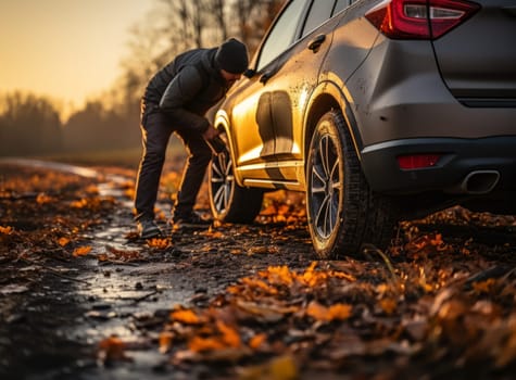 Man checking the punctured tyre on his car standing on an autumn wet and slippery road with fallen leaves. Driver check tires before jacking up the vehicle in street. Change wheel. Broken car concept
