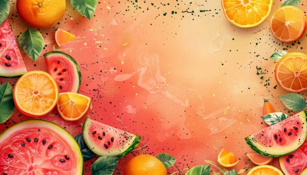 A colorful fruit salad with watermelon, oranges, and other fruits by AI generated image.