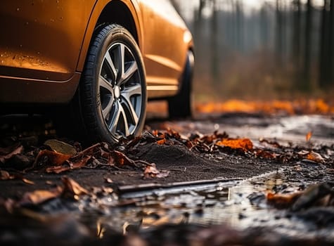 Closeup of a car wheels on a wet road in the autumn with fallen leaves and puddles. Orange automobile in the sun rays