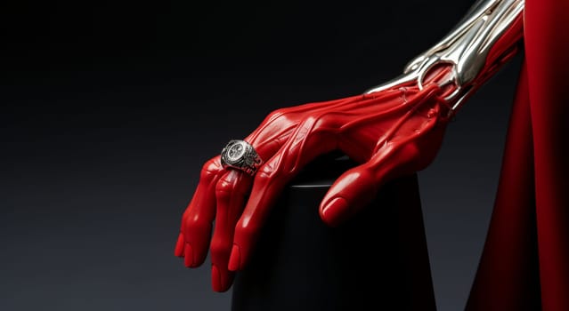 Red futuristic bionic hand prosthesis showcasing a diamond ring on a black pedestal, close up. Artificial robotic prosthetic arm of the future for people with disabilities or androids and robots