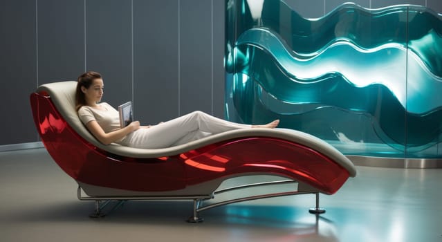 Woman in white jumpsuit relaxing on a red futuristic lounge chair with a electronic book, against a blue abstract wall