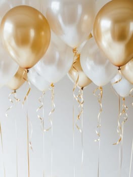 Gold and white balloons with ribbons against on white background. Celebration decoration concept for weddings, anniversaries, and birthday parties with copy space for text. Ai generation. High quality