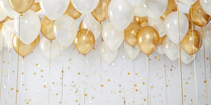 Festive arrangement of white balloons with golden confetti and gold balloons with ribbons on white background. Celebration concept. For greeting card and party invitation design. Ai generation.