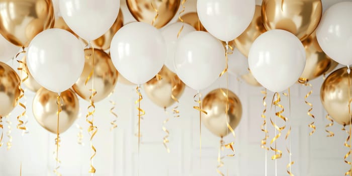 White and gold balloons with ribbons hanging for celebration decoration on white background. Party and celebration concept for invitation design. Ai generation. High quality