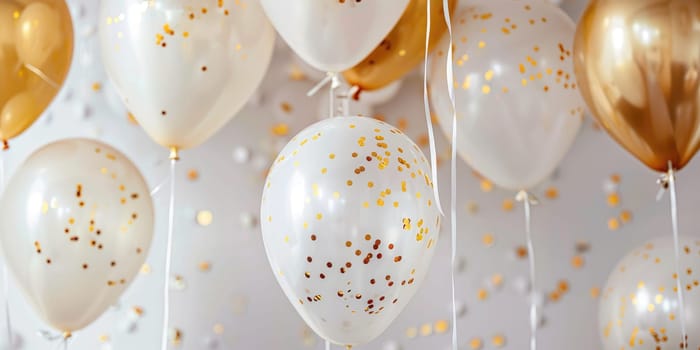 Festive arrangement of white balloons with golden confetti and gold balloons with ribbons on white background. Celebration concept. For greeting card and party invitation design. Ai generation.