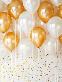 Festive arrangement of white balloons with golden confetti and gold balloons with ribbons on white background. Celebration concept. For greeting card and party invitation design. Ai generation.