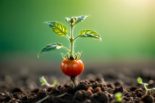 tomato seedlings in the ground, isolated on a black background .