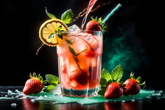 strawberry lemonade with lemon and ice in a glass, isolated on a black background .