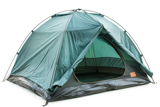 A green tent with an open door stands on a white background, ready for camping adventures.