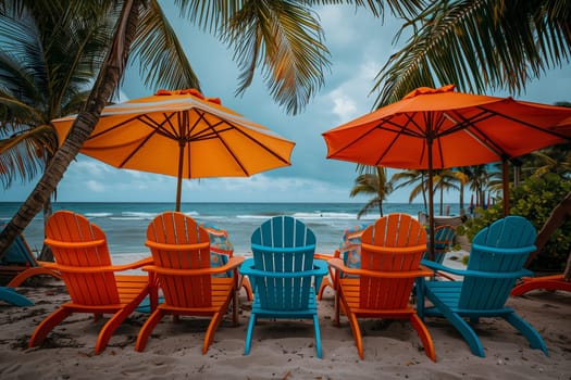 A group of chairs and umbrellas set up neatly on the sandy beach, ready for visitors to relax and enjoy the sun and sea.