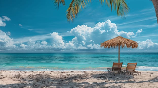 Two wooden chairs sitting under a straw umbrella on a sandy beach with waves in the background.