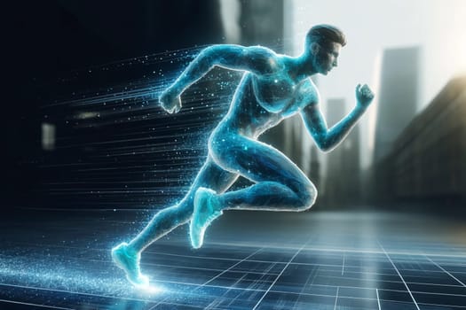 holographic man running through the city, concept of strength and speed.