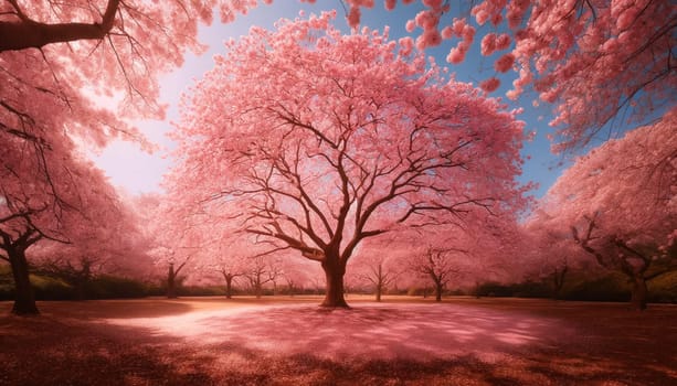 blooming pink sakura trees in sunlight.