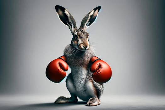A hare in boxing gloves stands on his hind legs on a gray background.