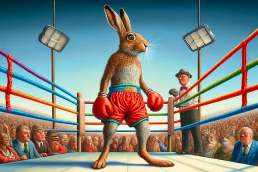 A hare in boxing gloves stands on his hind legs in the ring.