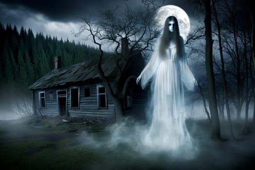 Scary ghost woman near an abandoned old house in a foggy forest on a full moon.