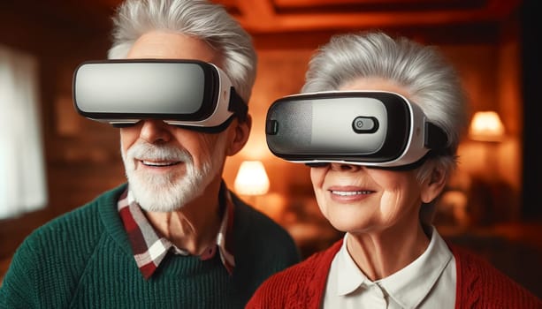 Elderly smiling couple wearing interactive glasses, portrait.