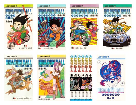 tokyo, japan - sep 10 1985: (set 2/7) First design covers of volumes 05 to 10 of Japanese manga Dragon Ball featuring Red Ribbon Army saga envisioned by the late mangaka Akira Toriyama (left to right)