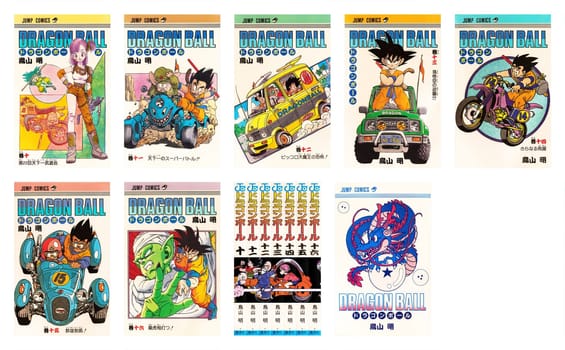 tokyo, japan - nov 10 1987: (set 3/7) First design covers of volumes 10 to 16 of the Japanese manga Dragon Ball featuring the Piccolo saga created by the late mangaka Akira Toriyama. (left to right)