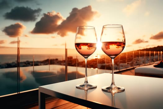 two glasses of wine on a table on an open terrace overlooking the sea.