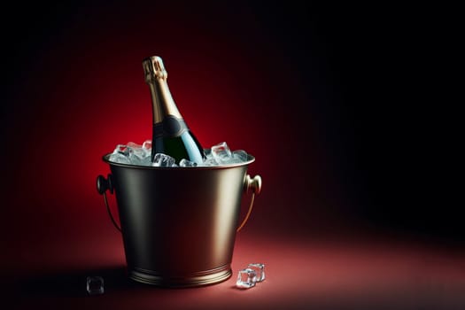 bottle of champagne in a bucket with ice on a dark burgundy background, copy space.