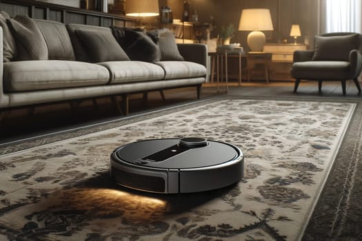 robot vacuum cleaner cleans the carpet in the room.