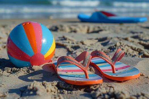 A colorful beach ball and a pair of flip flops lying on the sandy beach under the bright sunlight.