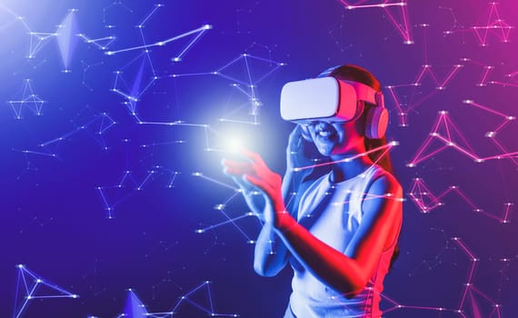Female standing in cyberpunk neon light wear white VR headset and tank top connecting metaverse, future cyberspace community technology, She using finger touch virtual reality object. Hallucination.