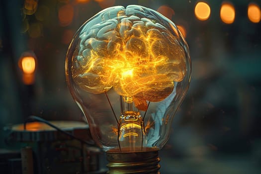 Light bulb with a picture of a brain inside in a yellow glow on a blurred background.