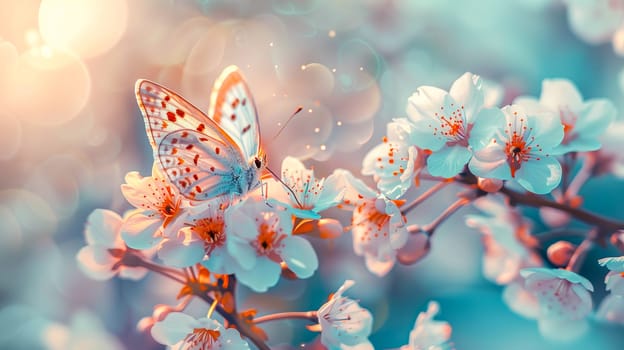 Beautiful white butterfly on a cherry blossom flower in spring.