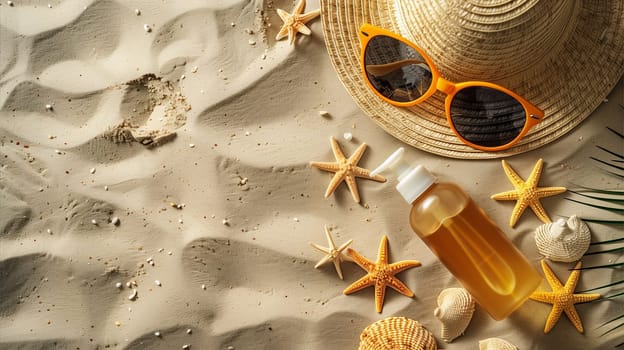 A hat, sunglasses, starfish, and sunscreen lying on a sandy beach.
