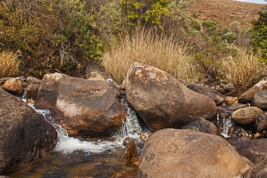 The clear water of the Mahai river in the Royal Natal National Park. Drakensber South Africa