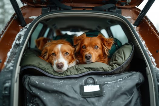 Two dogs of different breeds sit calmly in the back seat of a car, looking out of the window curiously.