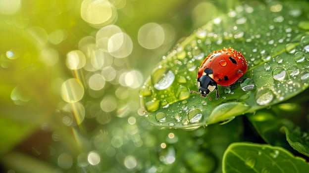 Ladybug on green leaves with morning dew, nature background with water drops and copy space. AI generated.