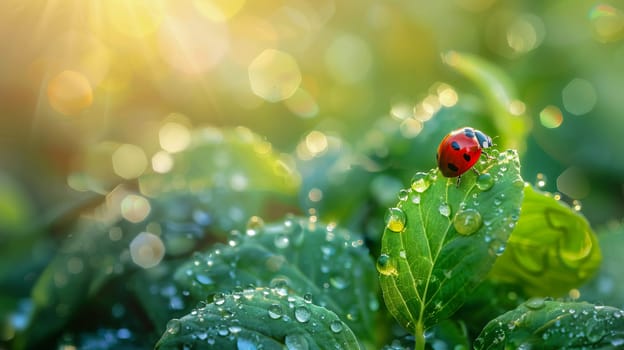 Ladybug on green leaves with morning dew, nature background with water drops and copy space. AI generated.