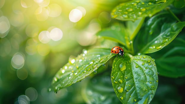 Ladybug on green leaves with morning dew, nature background with water drops and copy space. AI generated.