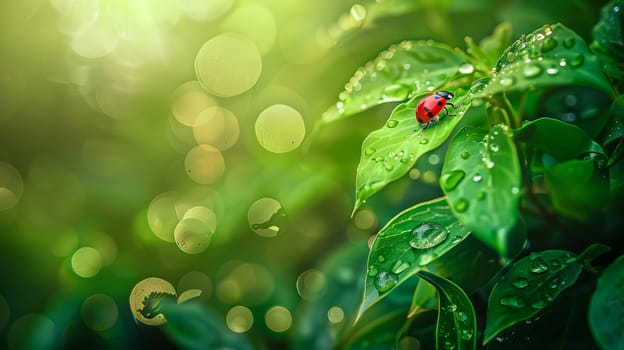 Ladybug on green leaves with morning dew, nature background with water drops and copy space. AI generated.