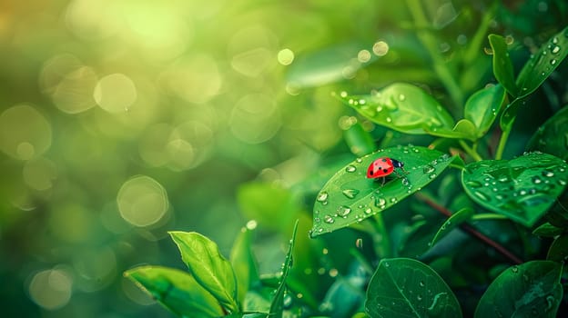 Ladybug on green leaves with morning dew, nature background with water drops and copy space. AI generated.