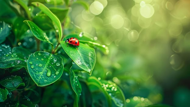 Ladybug on green leaves with morning dew, nature background with water drops and copy space. AI generated.