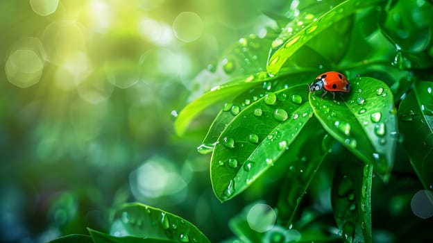 Ladybug on green leaves with morning dew, nature background with water drops and copy space. AI generated.