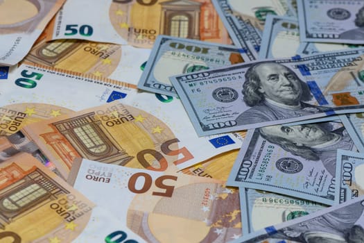 Money from different countries: dollars, euros, rubles. International currencies background.