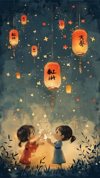 Two children are standing side by side under a row of colorful paper lanterns.