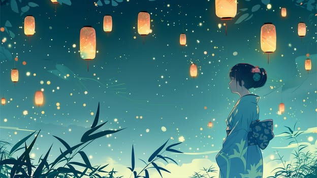 A woman is standing outdoors, facing a sky illuminated by floating lanterns.