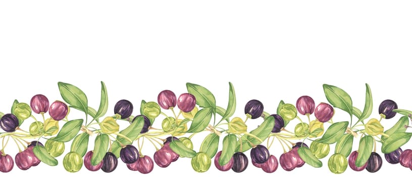 Seamless border of maqui berry and leaves in purple and green. Hand drawn watercolor illustration of Chilean wineberry cherry plant, Aristotelia chilensis for printing, food supplement, apparel, cards